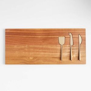 Crate and Barrel Octavia Large Wood Serving Board with Cheese Knives